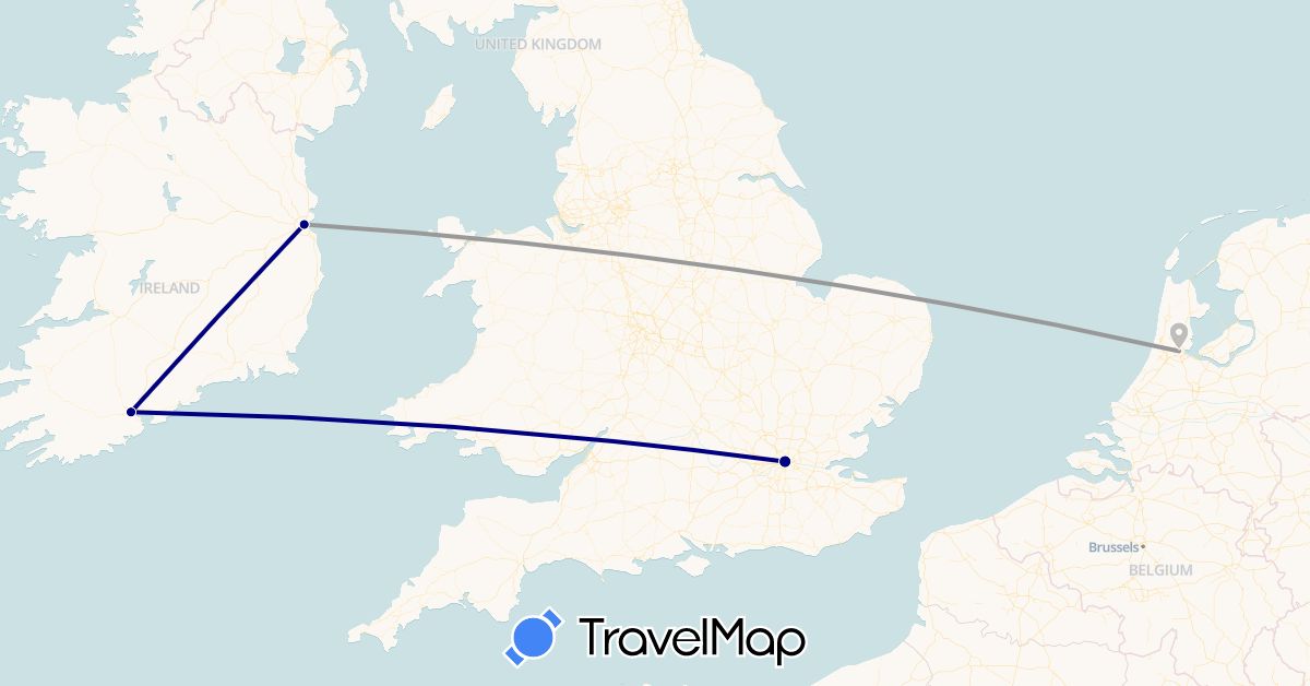 TravelMap itinerary: driving, plane in United Kingdom, Ireland, Netherlands (Europe)